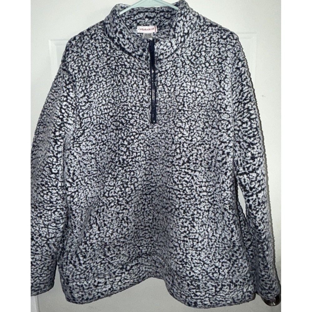 Wearables Womens Large Sherpa Fleece‎ Pullover Blue White 1/4 Zip Cozy Jacket